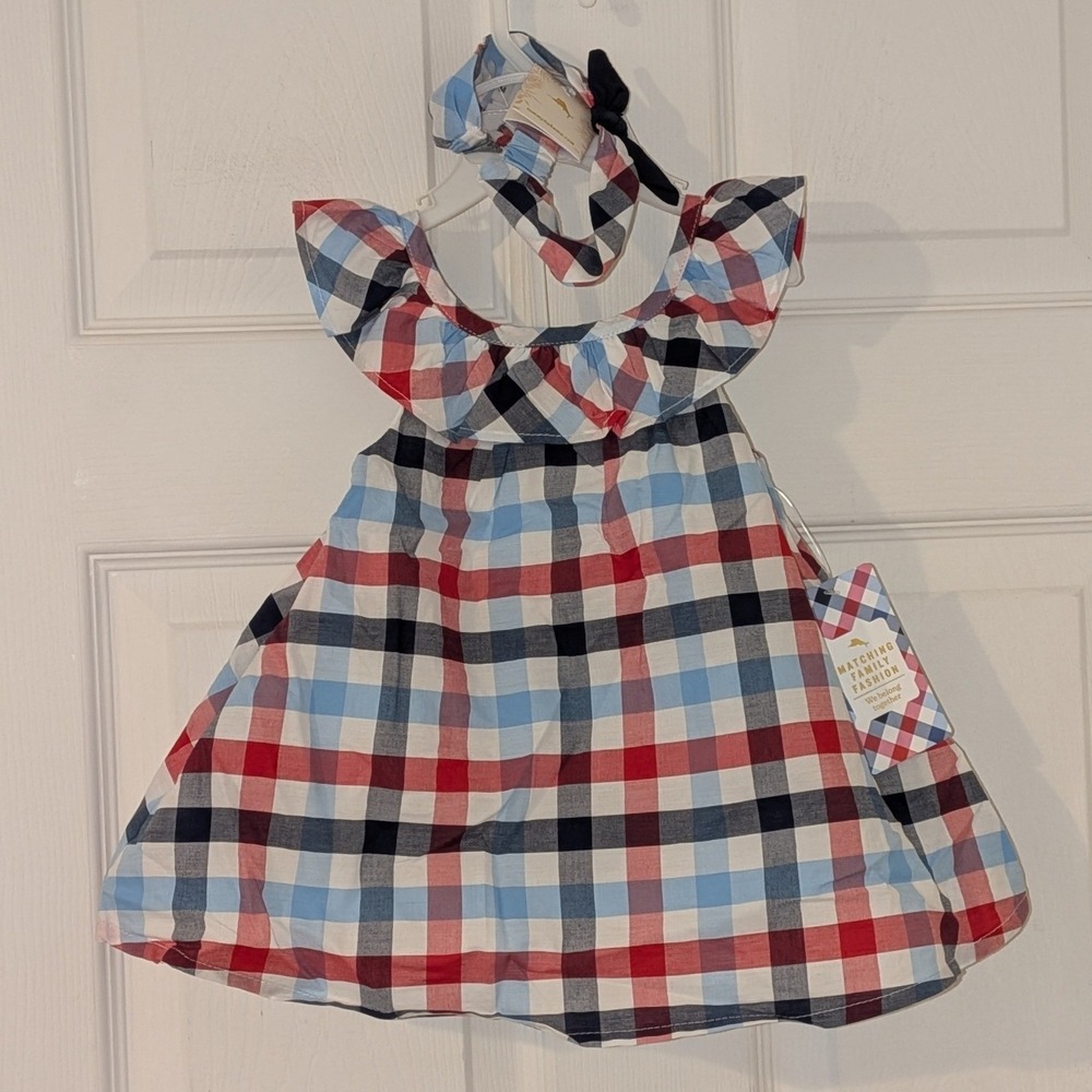 Tommy Bahama Baby Girl 3 Piece Plaid Dress Set Red White Blue 3-6M NWT